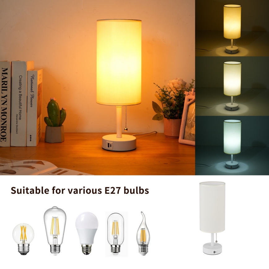 Brilagi - Stolní lampa s USB portem TABLON 1xE27/25W/230V bílá/krémová