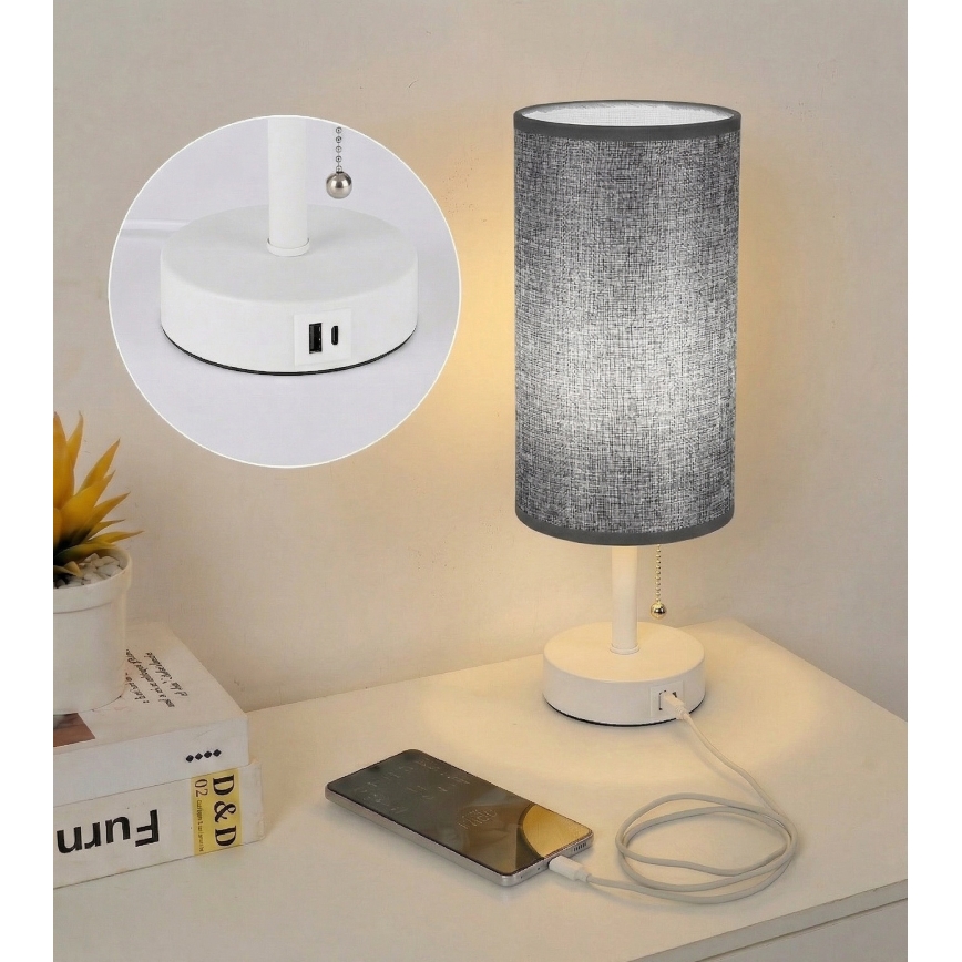 Brilagi - Stolní lampa s USB portem TABLON 1xE27/25W/230V bílá/šedá