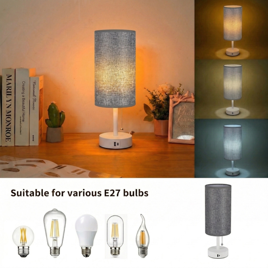 Brilagi - Stolní lampa s USB portem TABLON 1xE27/25W/230V bílá/šedá
