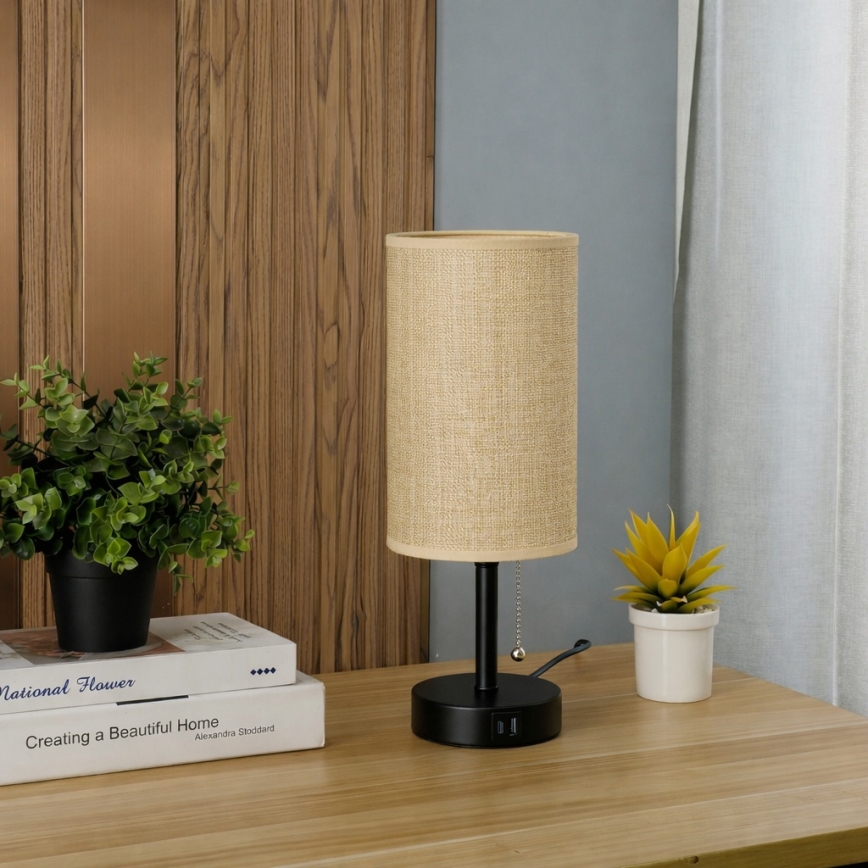 Brilagi - Stolní lampa s USB portem TABLON 1xE27/25W/230V černá/béžová