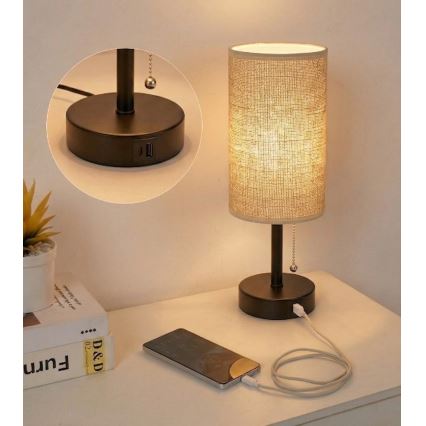 Brilagi - Stolní lampa s USB portem TABLON 1xE27/25W/230V černá/béžová
