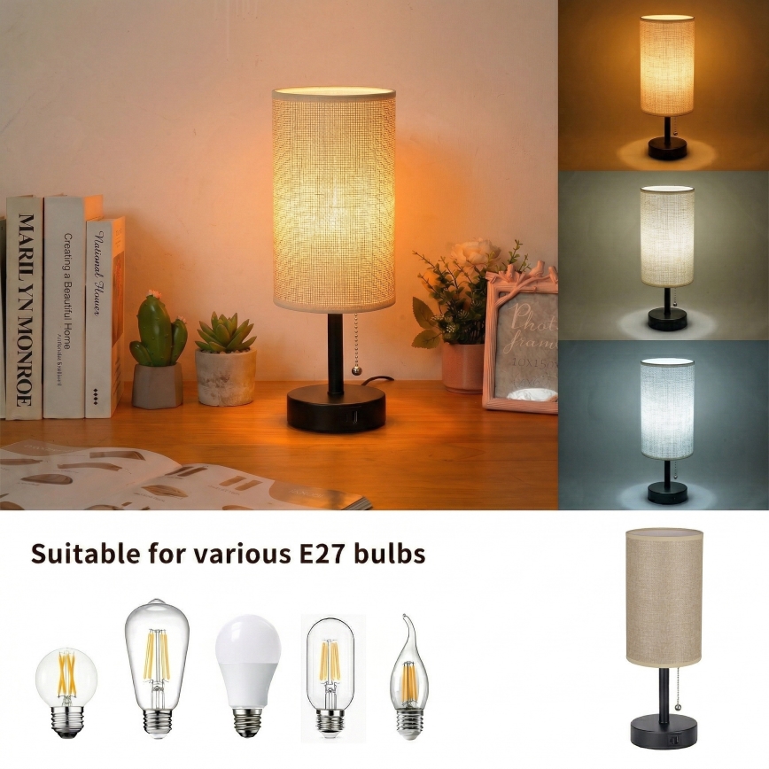 Brilagi - Stolní lampa s USB portem TABLON 1xE27/25W/230V černá/béžová