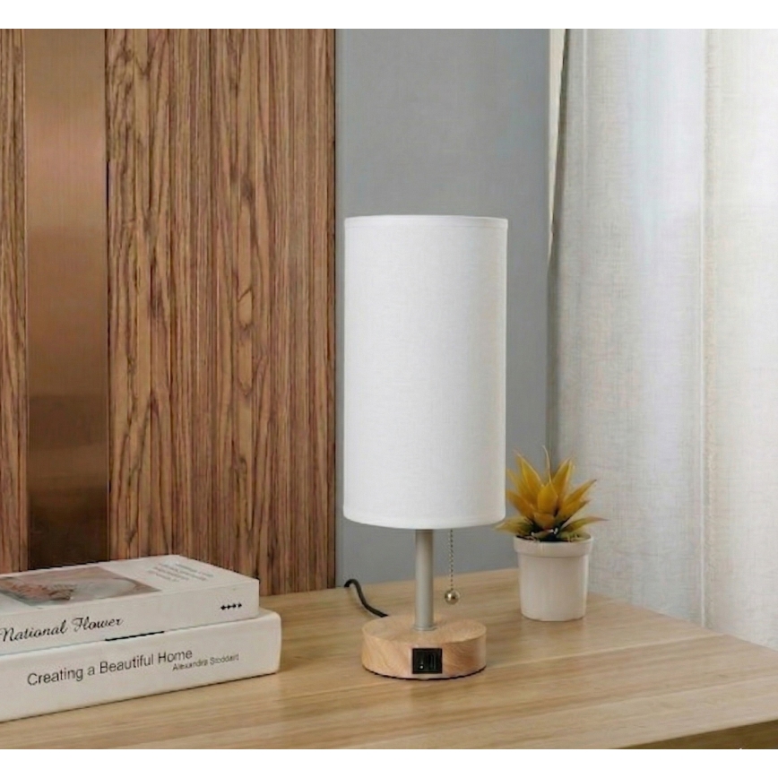 Brilagi - Stolní lampa s USB portem TABLON 1xE27/25W/230V dub/béžová/bílá