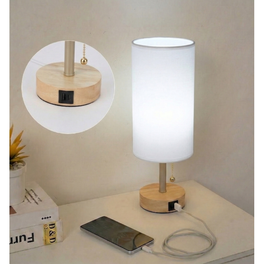 Brilagi - Stolní lampa s USB portem TABLON 1xE27/25W/230V dub/béžová/bílá