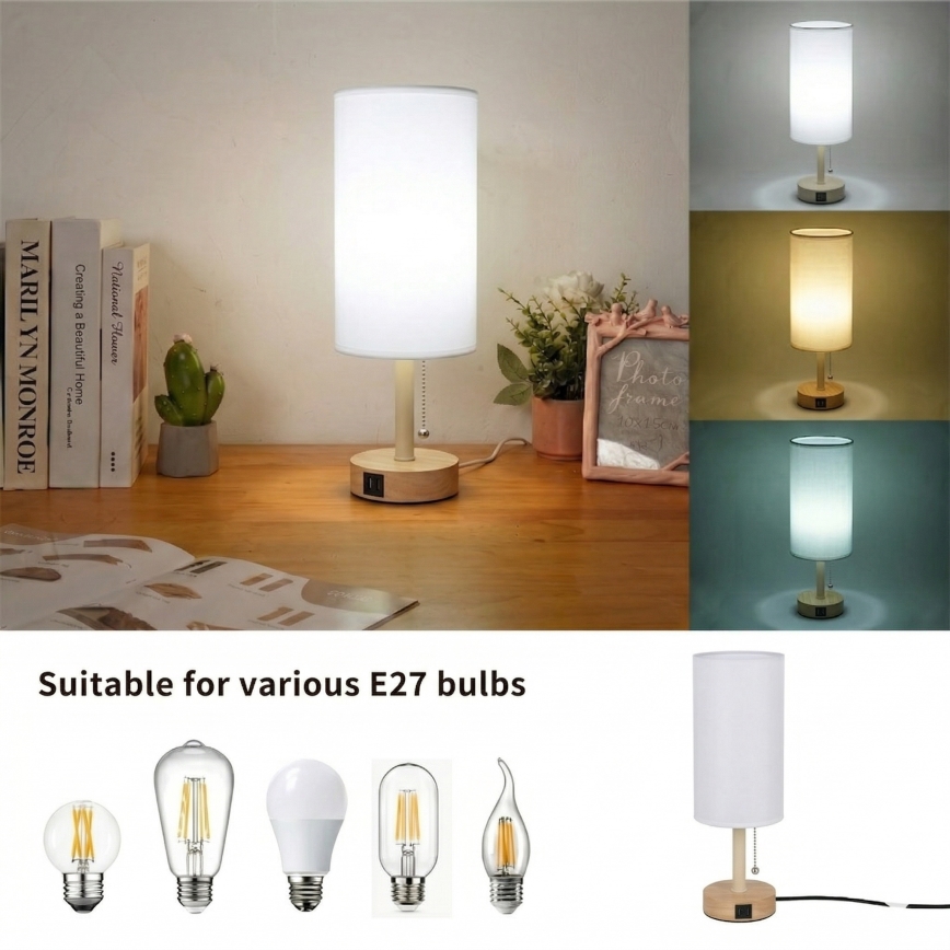 Brilagi - Stolní lampa s USB portem TABLON 1xE27/25W/230V dub/béžová/bílá