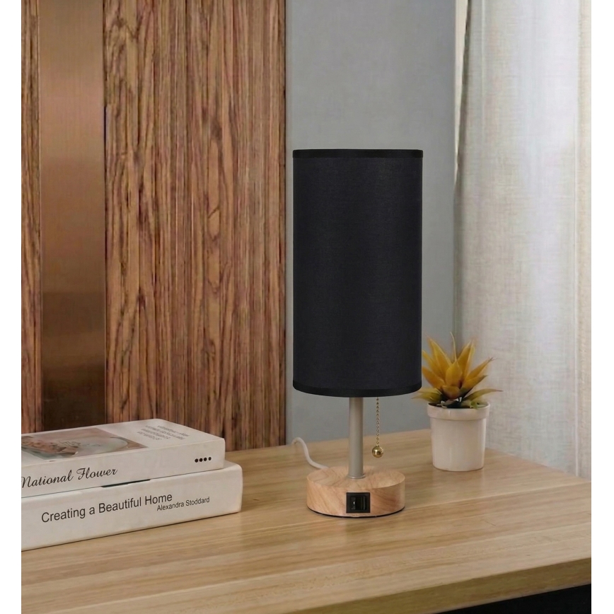 Brilagi - Stolní lampa s USB portem TABLON 1xE27/25W/230V dub/béžová/černá
