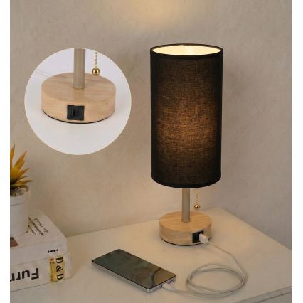 Brilagi - Stolní lampa s USB portem TABLON 1xE27/25W/230V dub/béžová/černá