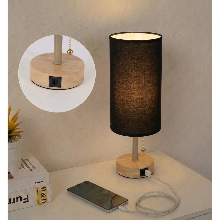 Brilagi - Stolní lampa s USB portem TABLON 1xE27/25W/230V dub/béžová/černá
