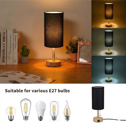 Brilagi - Stolní lampa s USB portem TABLON 1xE27/25W/230V dub/béžová/černá