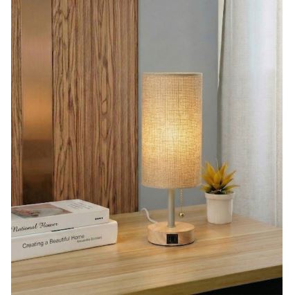 Brilagi - Stolní lampa s USB portem TABLON 1xE27/25W/230V dub/béžová