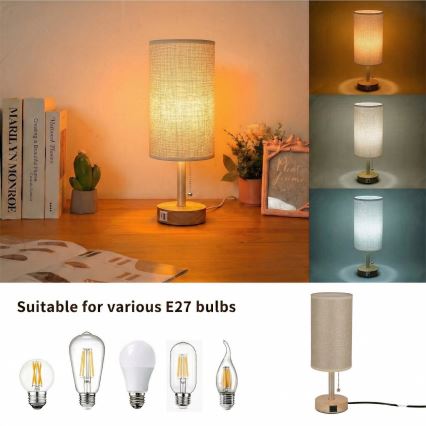 Brilagi - Stolní lampa s USB portem TABLON 1xE27/25W/230V dub/béžová