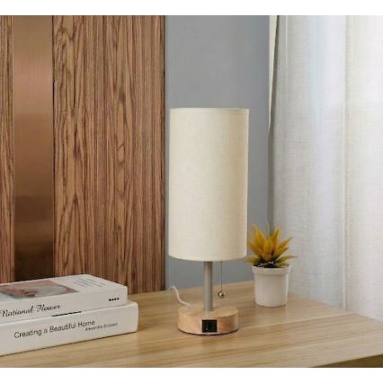 Brilagi - Stolní lampa s USB portem TABLON 1xE27/25W/230V dub/béžová/krémová
