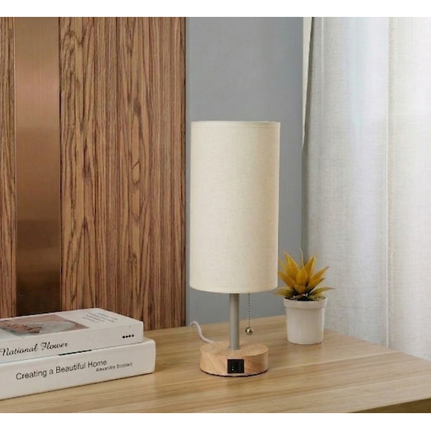 Brilagi - Stolní lampa s USB portem TABLON 1xE27/25W/230V dub/béžová/krémová