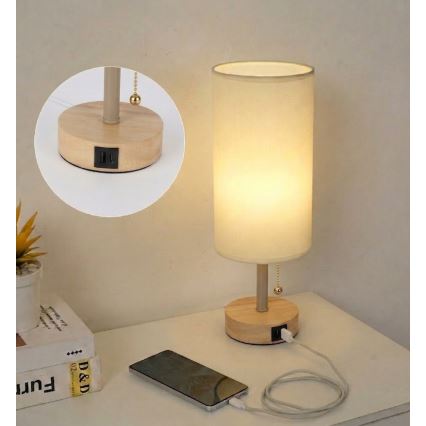 Brilagi - Stolní lampa s USB portem TABLON 1xE27/25W/230V dub/béžová/krémová
