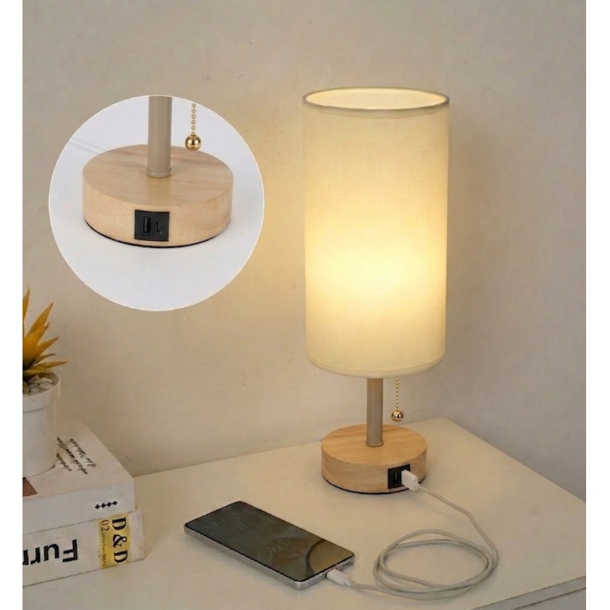 Brilagi - Stolní lampa s USB portem TABLON 1xE27/25W/230V dub/béžová/krémová