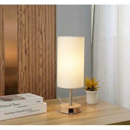 Brilagi - Stolní lampa s USB portem TABLON 1xE27/25W/230V dub/béžová/krémová
