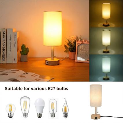 Brilagi - Stolní lampa s USB portem TABLON 1xE27/25W/230V dub/béžová/krémová