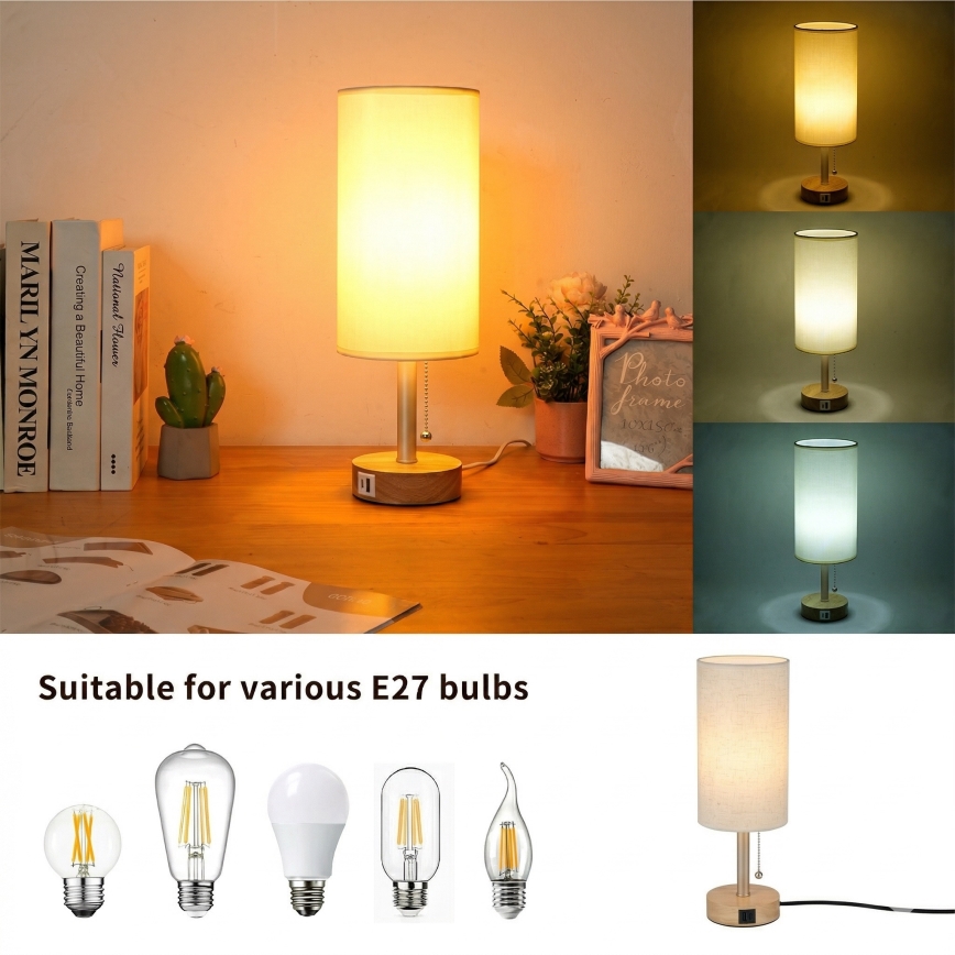 Brilagi - Stolní lampa s USB portem TABLON 1xE27/25W/230V dub/béžová/krémová