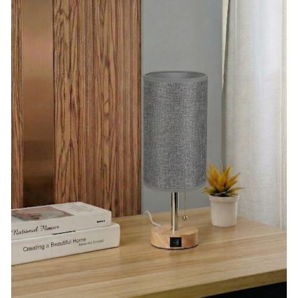 Brilagi - Stolní lampa s USB portem TABLON 1xE27/25W/230V dub/béžová/šedá