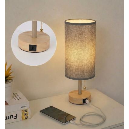 Brilagi - Stolní lampa s USB portem TABLON 1xE27/25W/230V dub/béžová/šedá