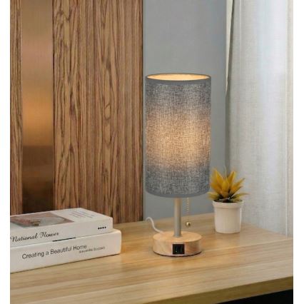Brilagi - Stolní lampa s USB portem TABLON 1xE27/25W/230V dub/béžová/šedá