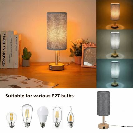 Brilagi - Stolní lampa s USB portem TABLON 1xE27/25W/230V dub/béžová/šedá