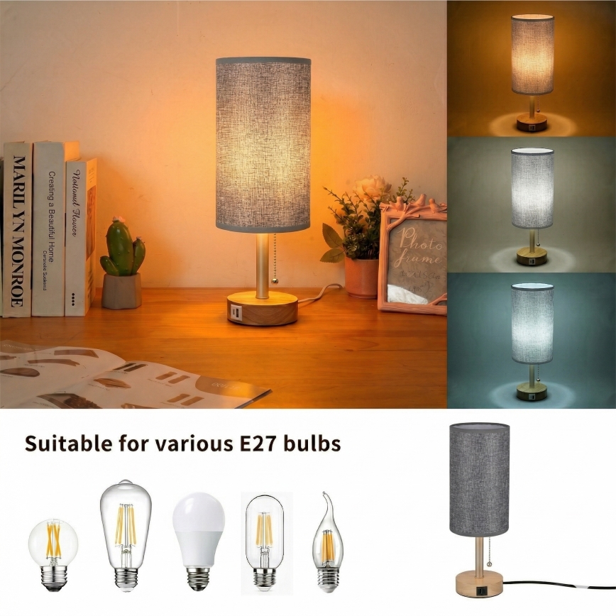 Brilagi - Stolní lampa s USB portem TABLON 1xE27/25W/230V dub/béžová/šedá