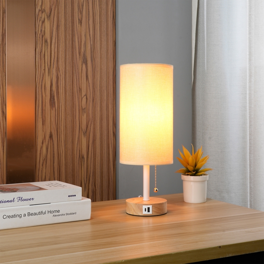 Brilagi - Stolní lampa s USB portem TABLON 1xE27/25W/230V dub/bílá/béžová