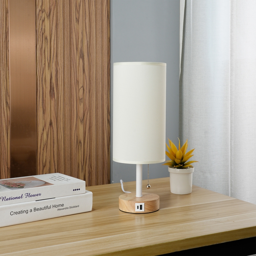 Brilagi - Stolní lampa s USB portem TABLON 1xE27/25W/230V dub/bílá/krémová