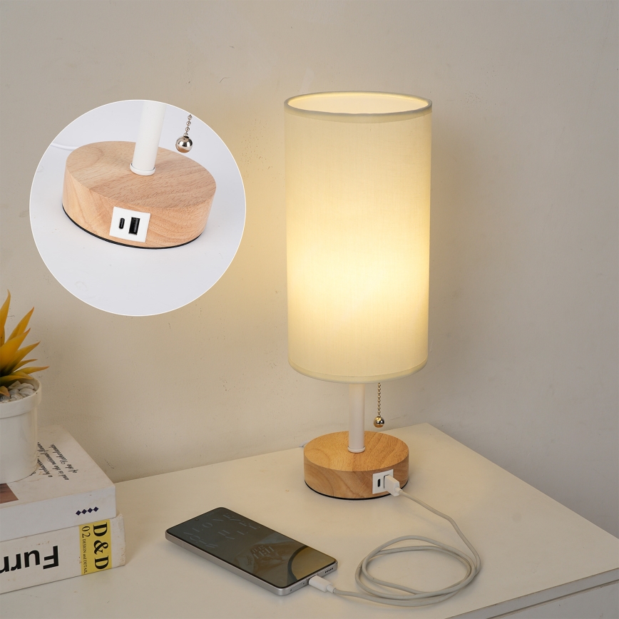 Brilagi - Stolní lampa s USB portem TABLON 1xE27/25W/230V dub/bílá/krémová