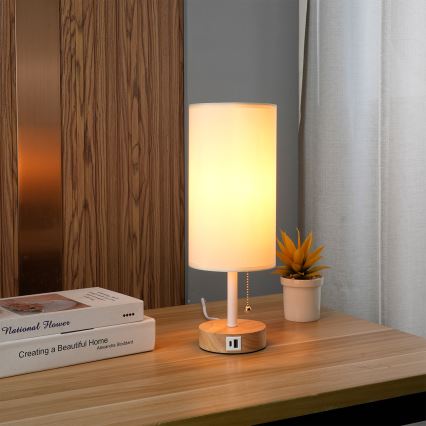 Brilagi - Stolní lampa s USB portem TABLON 1xE27/25W/230V dub/bílá/krémová