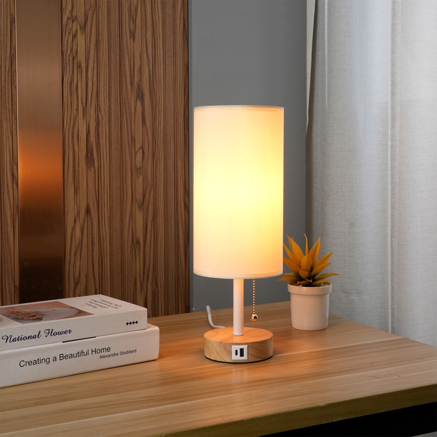Brilagi - Stolní lampa s USB portem TABLON 1xE27/25W/230V dub/bílá/krémová