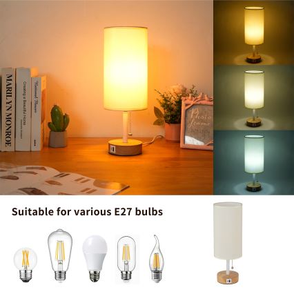 Brilagi - Stolní lampa s USB portem TABLON 1xE27/25W/230V dub/bílá/krémová