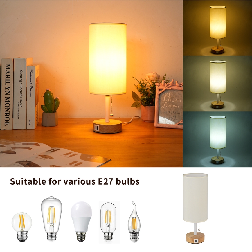 Brilagi - Stolní lampa s USB portem TABLON 1xE27/25W/230V dub/bílá/krémová