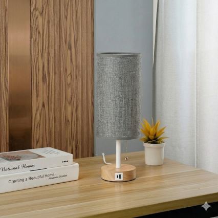 Brilagi - Stolní lampa s USB portem TABLON 1xE27/25W/230V dub/bílá/šedá