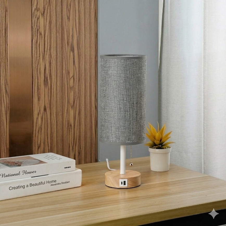 Brilagi - Stolní lampa s USB portem TABLON 1xE27/25W/230V dub/bílá/šedá