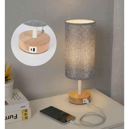 Brilagi - Stolní lampa s USB portem TABLON 1xE27/25W/230V dub/bílá/šedá