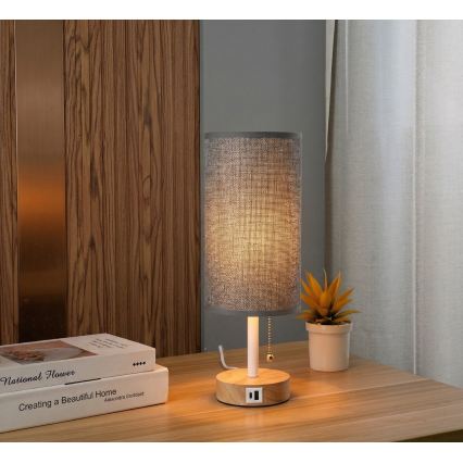 Brilagi - Stolní lampa s USB portem TABLON 1xE27/25W/230V dub/bílá/šedá
