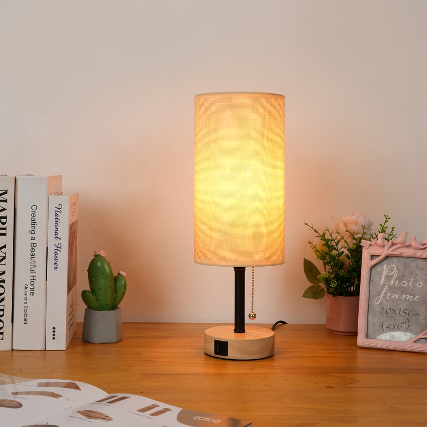 Brilagi - Stolní lampa s USB portem TABLON 1xE27/25W/230V dub/černá/béžová