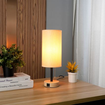 Brilagi - Stolní lampa s USB portem TABLON 1xE27/25W/230V dub/černá/béžová