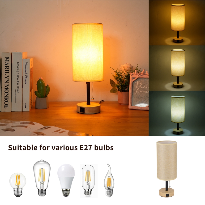 Brilagi - Stolní lampa s USB portem TABLON 1xE27/25W/230V dub/černá/béžová