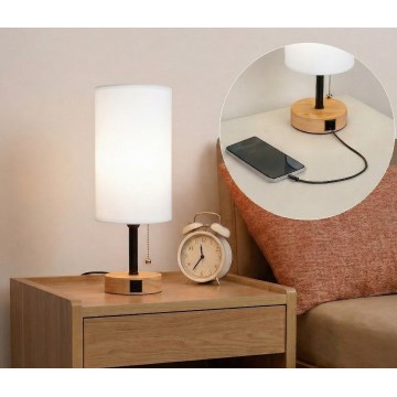 Brilagi - Stolní lampa s USB portem TABLON 1xE27/25W/230V dub/černá/bílá
