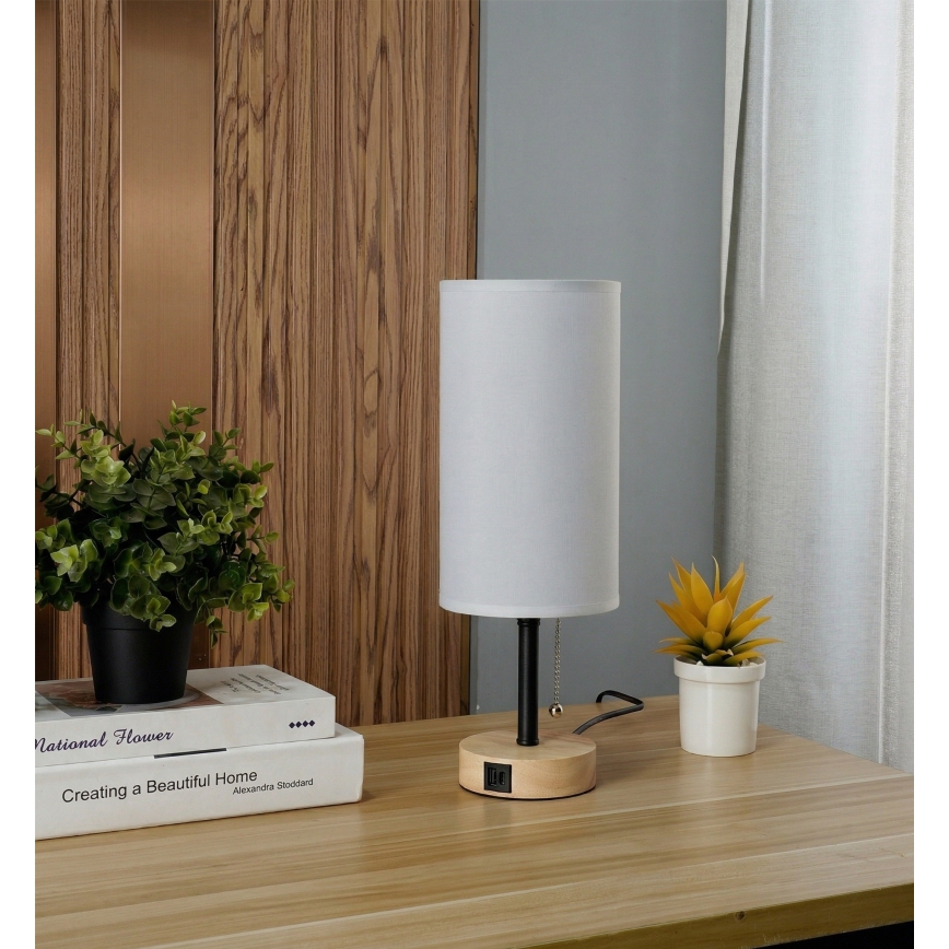 Brilagi - Stolní lampa s USB portem TABLON 1xE27/25W/230V dub/černá/bílá