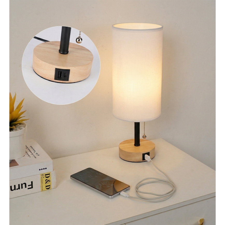 Brilagi - Stolní lampa s USB portem TABLON 1xE27/25W/230V dub/černá/bílá