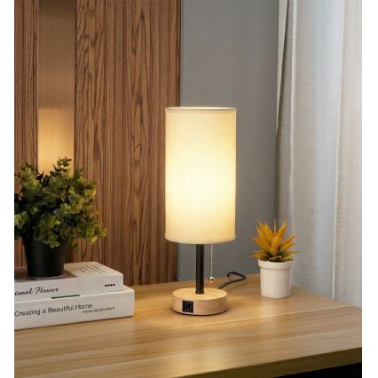 Brilagi - Stolní lampa s USB portem TABLON 1xE27/25W/230V dub/černá/bílá