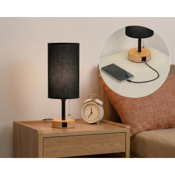 Brilagi - Stolní lampa s USB portem TABLON 1xE27/25W/230V dub/černá