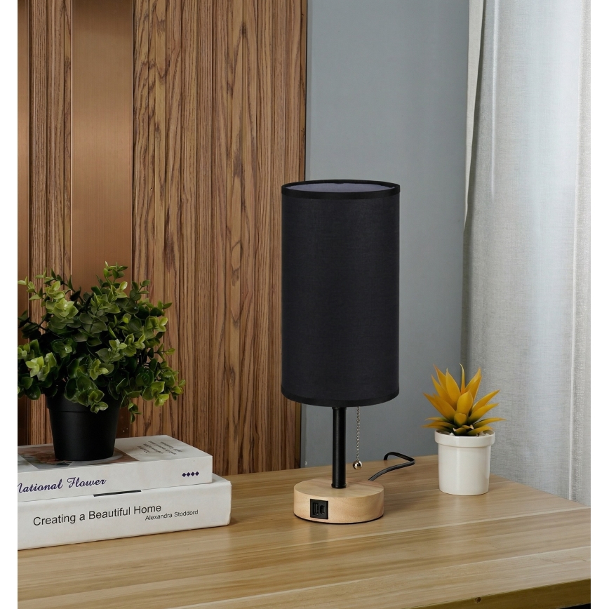 Brilagi - Stolní lampa s USB portem TABLON 1xE27/25W/230V dub/černá