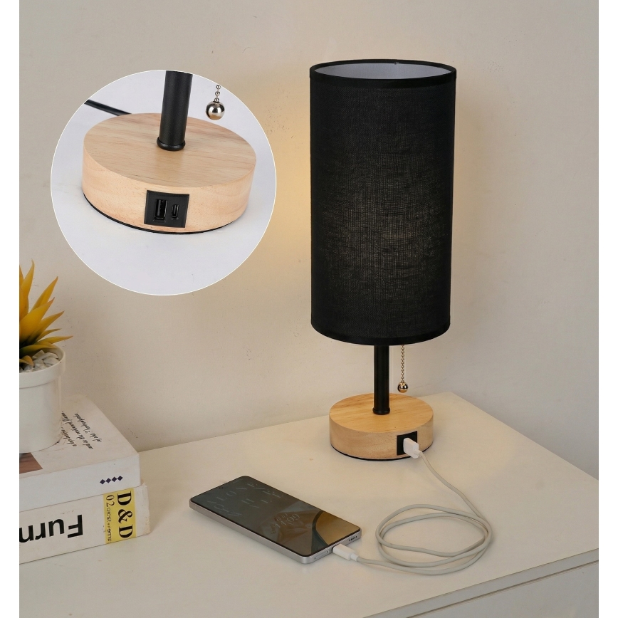 Brilagi - Stolní lampa s USB portem TABLON 1xE27/25W/230V dub/černá