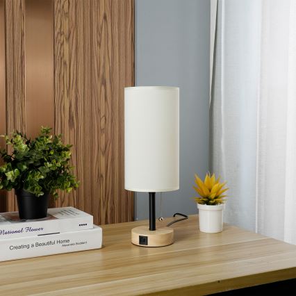 Brilagi - Stolní lampa s USB portem TABLON 1xE27/25W/230V dub/černá/krémová