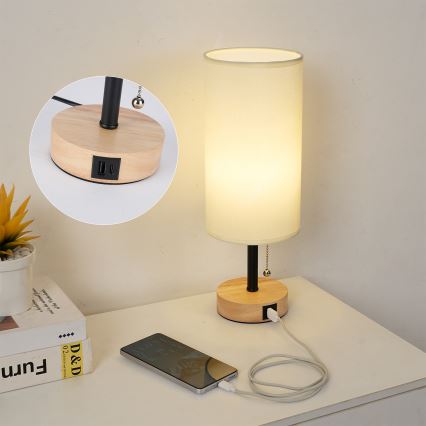 Brilagi - Stolní lampa s USB portem TABLON 1xE27/25W/230V dub/černá/krémová